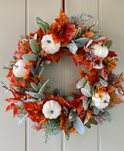 Load image into Gallery viewer, Autumn Lambs Ear & White Pumpkin Wreath