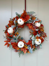 Load image into Gallery viewer, Autumn Lambs Ear & White Pumpkin Wreath