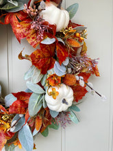 Load image into Gallery viewer, Autumn Lambs Ear & White Pumpkin Wreath