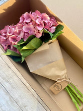 Load image into Gallery viewer, Field & Rose pink artificial hydrangea stem with green leaves, 53cm long, made of silk.