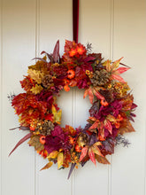Load image into Gallery viewer, Ruby Hydrangea &amp; Pumpkin Wreath
