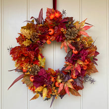 Load image into Gallery viewer, Ruby Hydrangea &amp; Pumpkin Wreath
