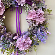 Load image into Gallery viewer, Purple Hydrangea &amp; Boxwood Wreath - Field &amp; Rose

