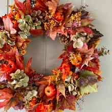 Load image into Gallery viewer, Autumn Hydrangea &amp; Pumpkin Wreath

