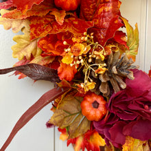 Load image into Gallery viewer, Ruby Hydrangea &amp; Pumpkin Wreath
