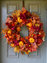 Load image into Gallery viewer, Ruby Hydrangea &amp; Pumpkin Wreath 63cm
