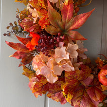 Load image into Gallery viewer, Autumn Hydrangea &amp; Pumpkin Wreath - Field &amp; Rose
