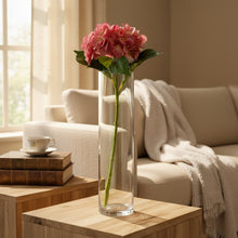 Load image into Gallery viewer, Field &amp; Rose pink artificial hydrangea stem, 53cm, made of silk, in a clear glass vase.
