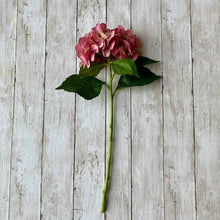 Load image into Gallery viewer, Field &amp; Rose pink artificial silk hydrangea stem, 53cm, with green leaves on a white wooden background.
